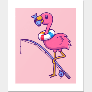 Cute Flamingo Eating Fish Cartoon Posters and Art